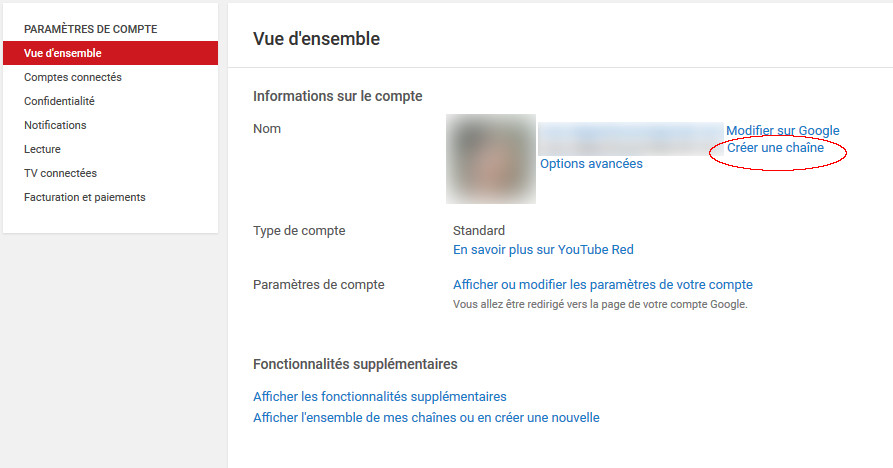bouton créer chaine youtube